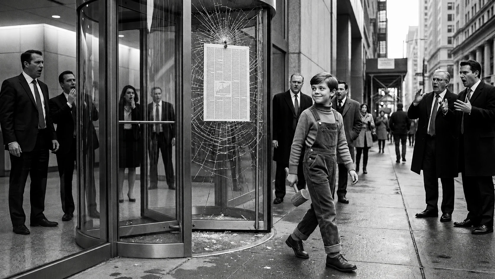 Boy carrying a mallet past a cracked revolving door as formally dressed onlookers react
