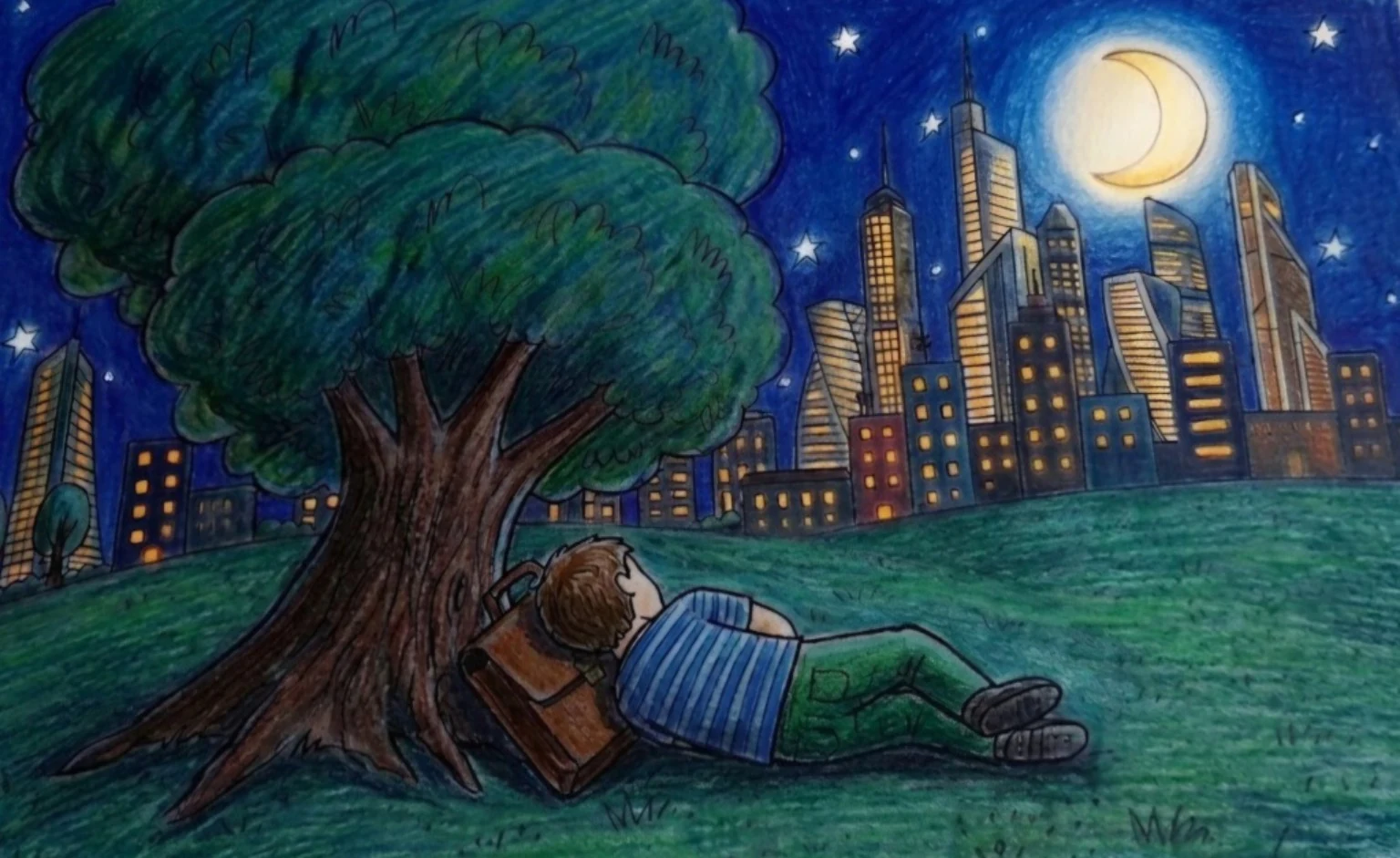 Illustration of a person resting beneath a tree in a city park at night