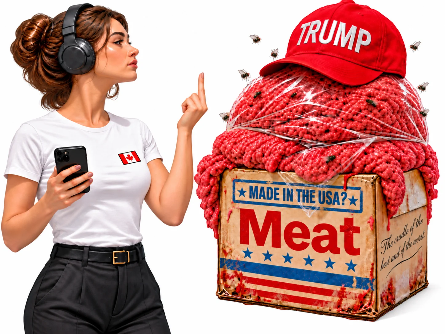 Canadian woman with headphones facing a Trump-capped package labelled Meat.